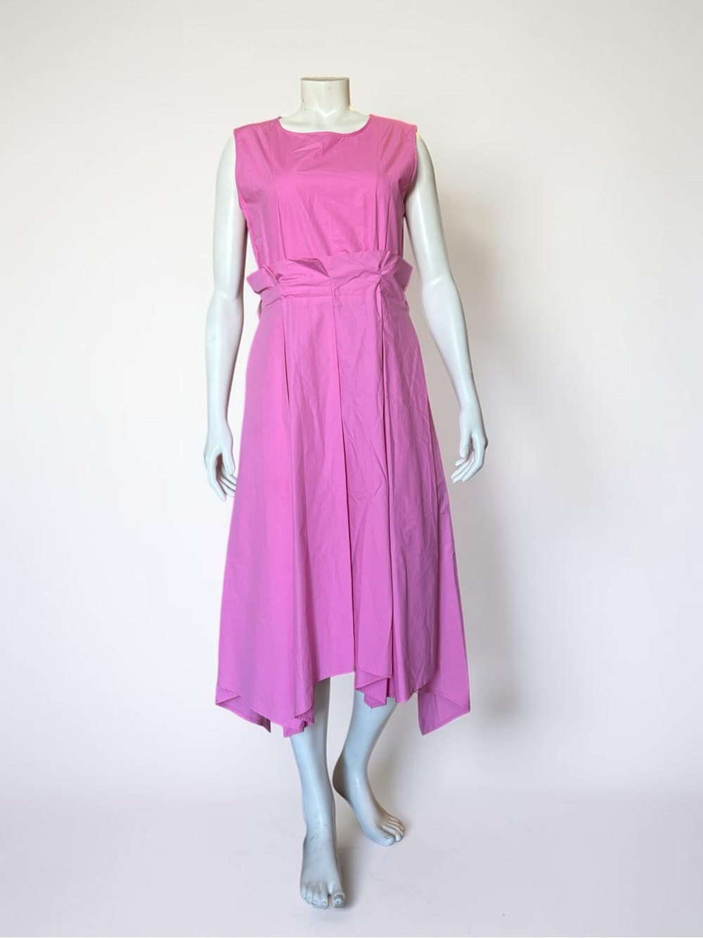 ChePè Italy 100% Poplin Cotton Pink Midi Dress Size L/G Sleeveless Asymmetrical